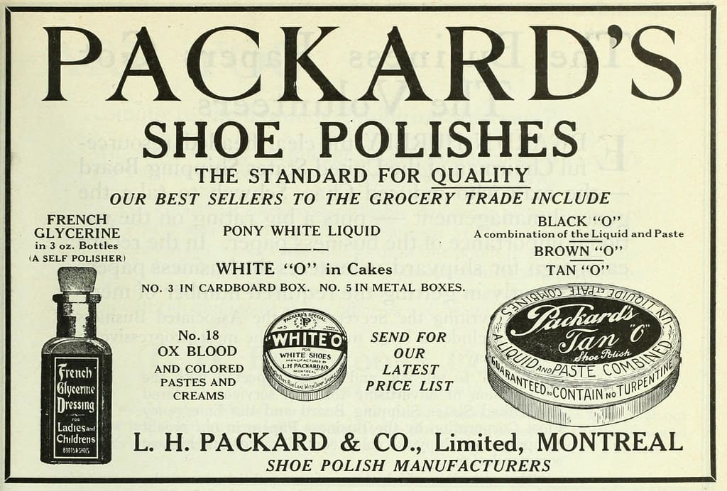 A vintage advertisement for Packard's Shoe Polishes showing a bottle, a cake of whitener and a tin of paste.