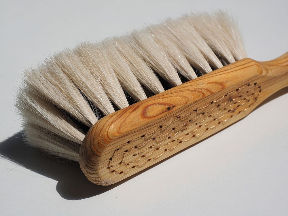A wooden-handled brush with soft pale bristles, shown close up on white.